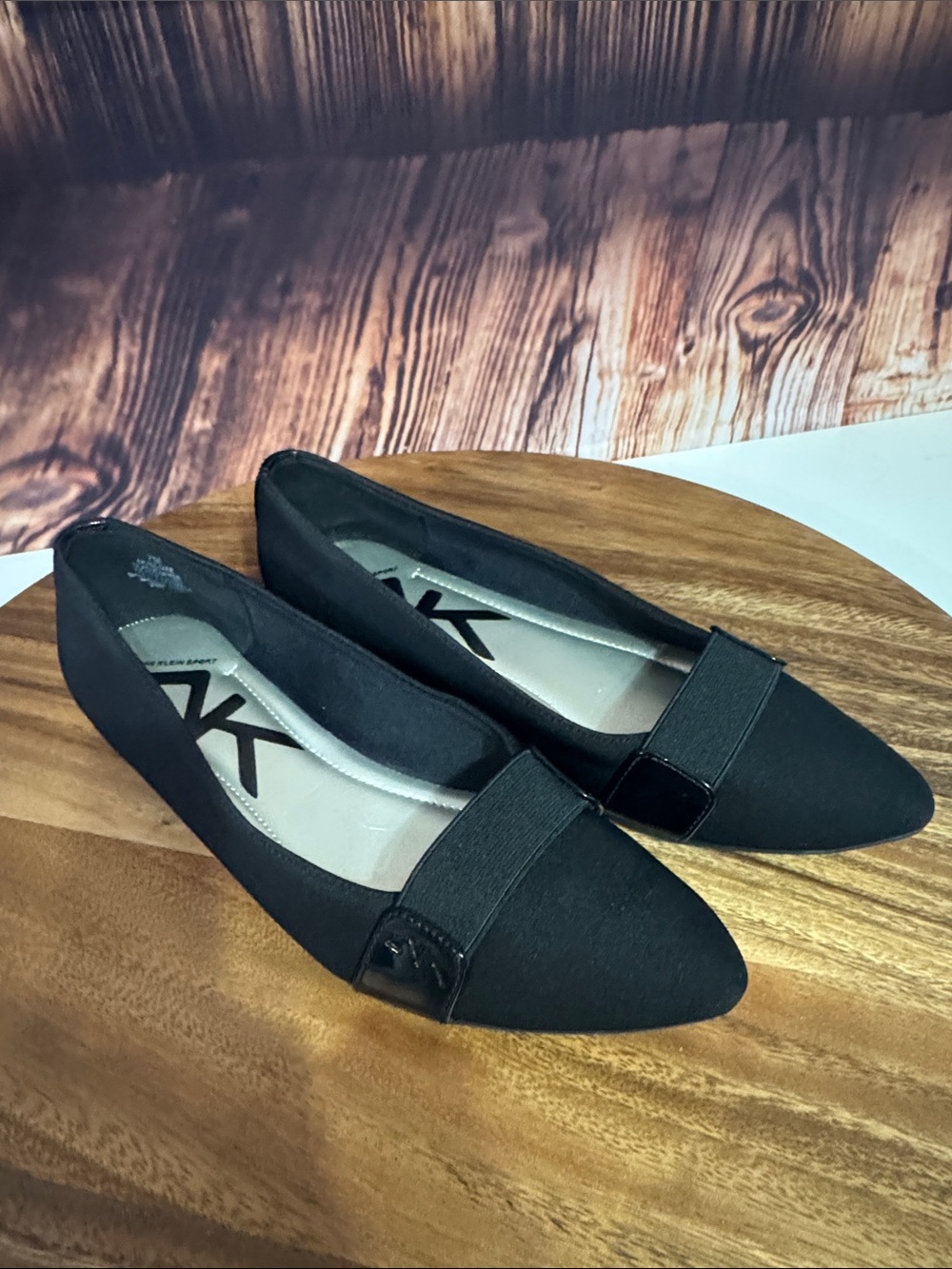 Anne Klein Women’s Black Pointed Toe Slip-On Flats with Elastic Strap